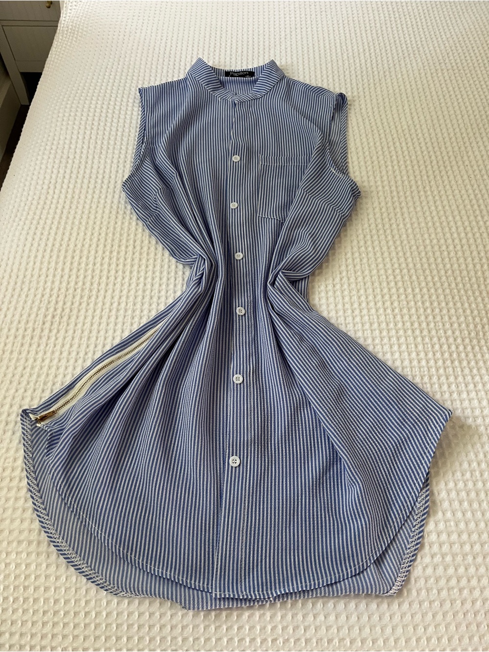Sleeveless Blue Pinstripe Midi Shirt Dress